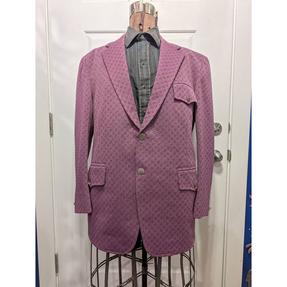 Vintage Bespoke Hong Kong Blazer Men's 46R Purple Jacquard Sport Coat Mod 1960s